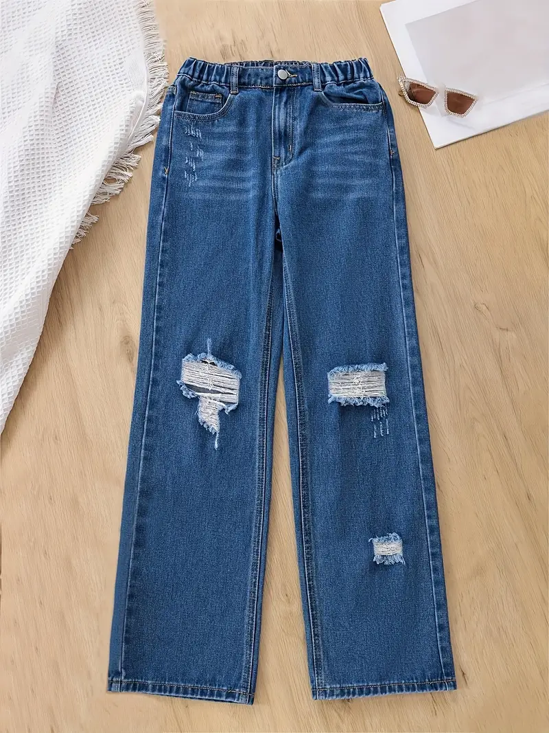 Girls Casual Ripped Denim Pants Comfortable Breathable Jeans - Temu