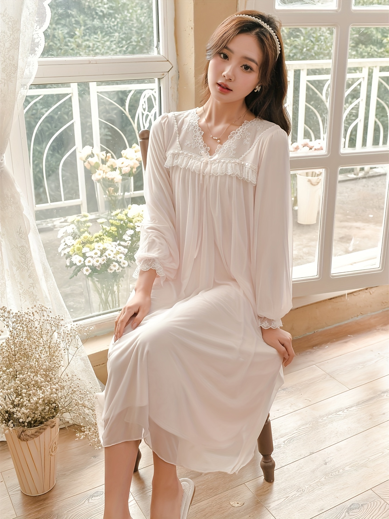 Lady Mesh Lace Pajama Dress Night Gown Sleepwear Long Sleeve Princess Retro  Soft