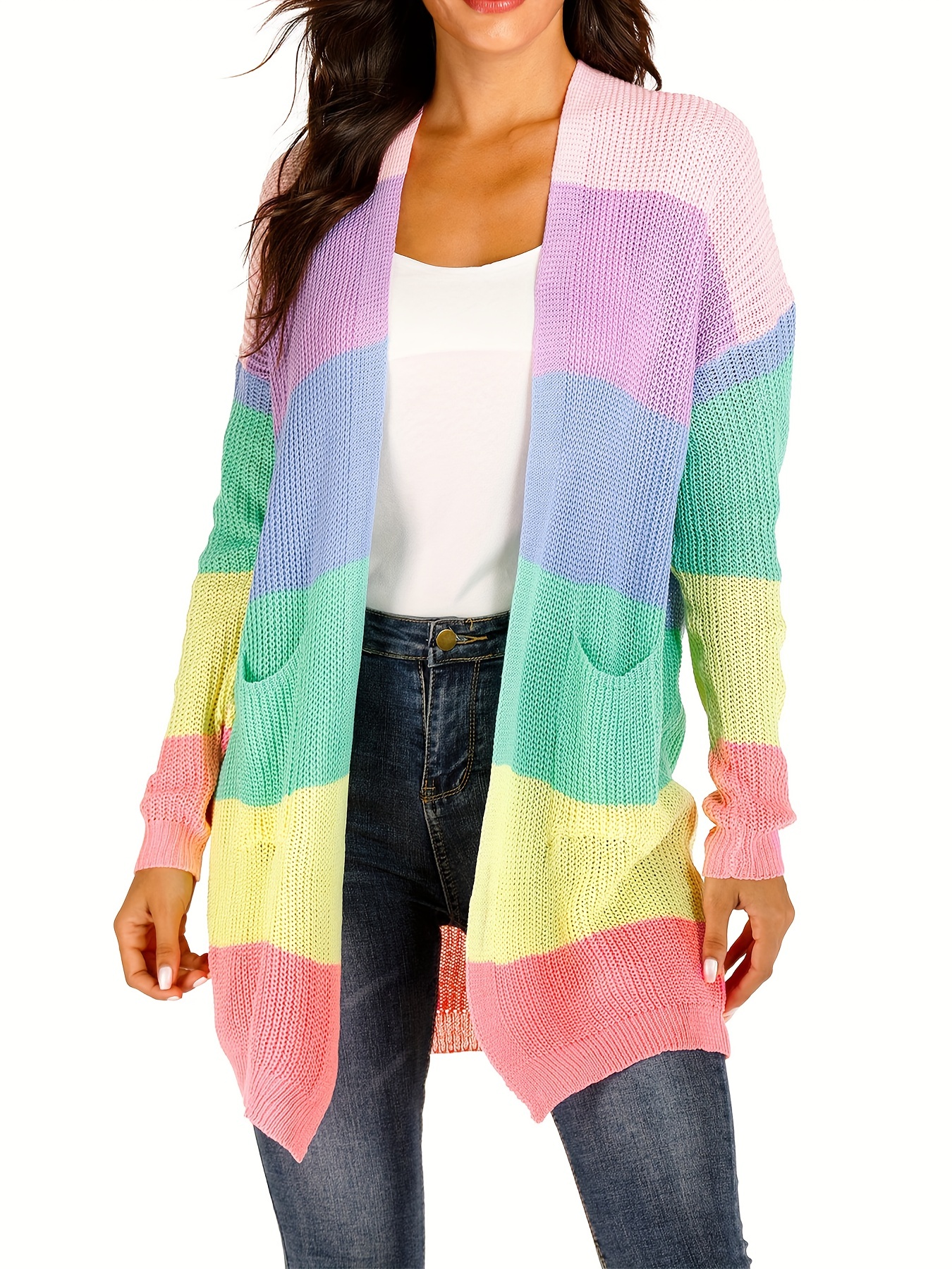 Rainbow Striped Open Front Cardigan Casual Long Sleeve - Temu