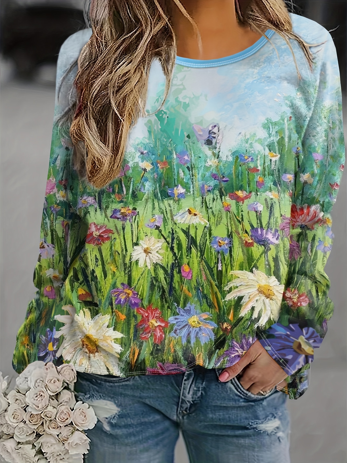 Women's Long Sleeve Flower and Landscape Print Sweatshirt Casual Fall Loose  Crewneck Pullover Tops Sweatshirts for Women Fall 