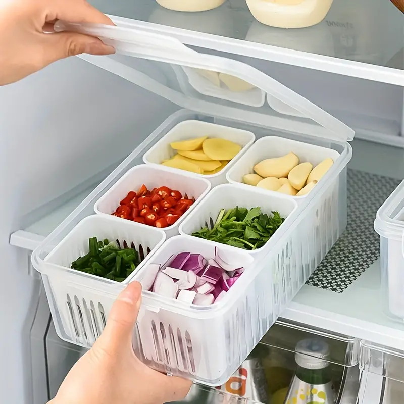 1pc 6-in-1 Kitchen Plastic Storage Box, Plastic Refrigerator Storage Box,  Transparent Fresh-Keeping Box, Refrigerator Fruit Vegetable Crisper, Dumplin