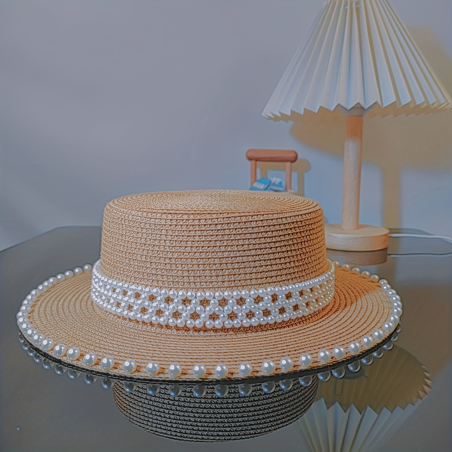 Wide Brim Flat Top Hat, Summer Sun Protection Straw Hat with Faux Pearl Decor for Women,Temu