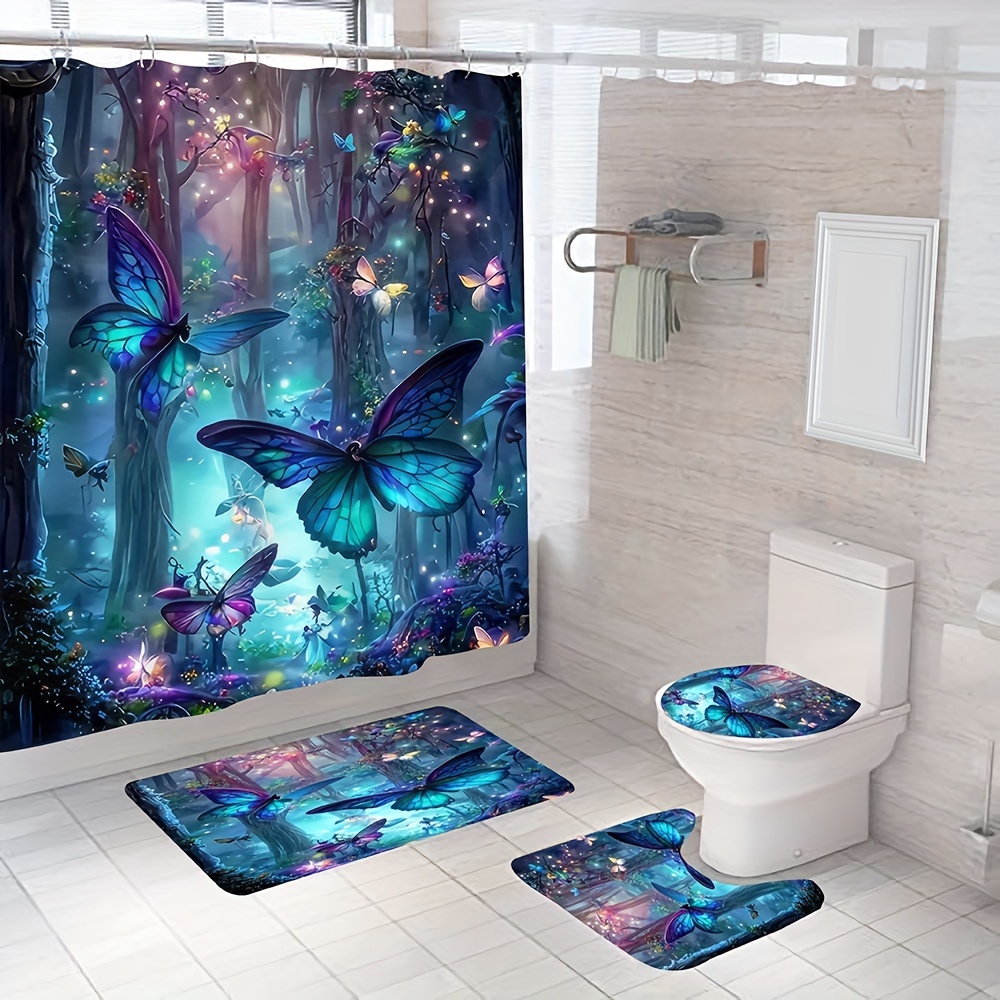 Mushroom Butterfly Pattern Waterproof Shower Curtain With 12 - Temu United  Kingdom