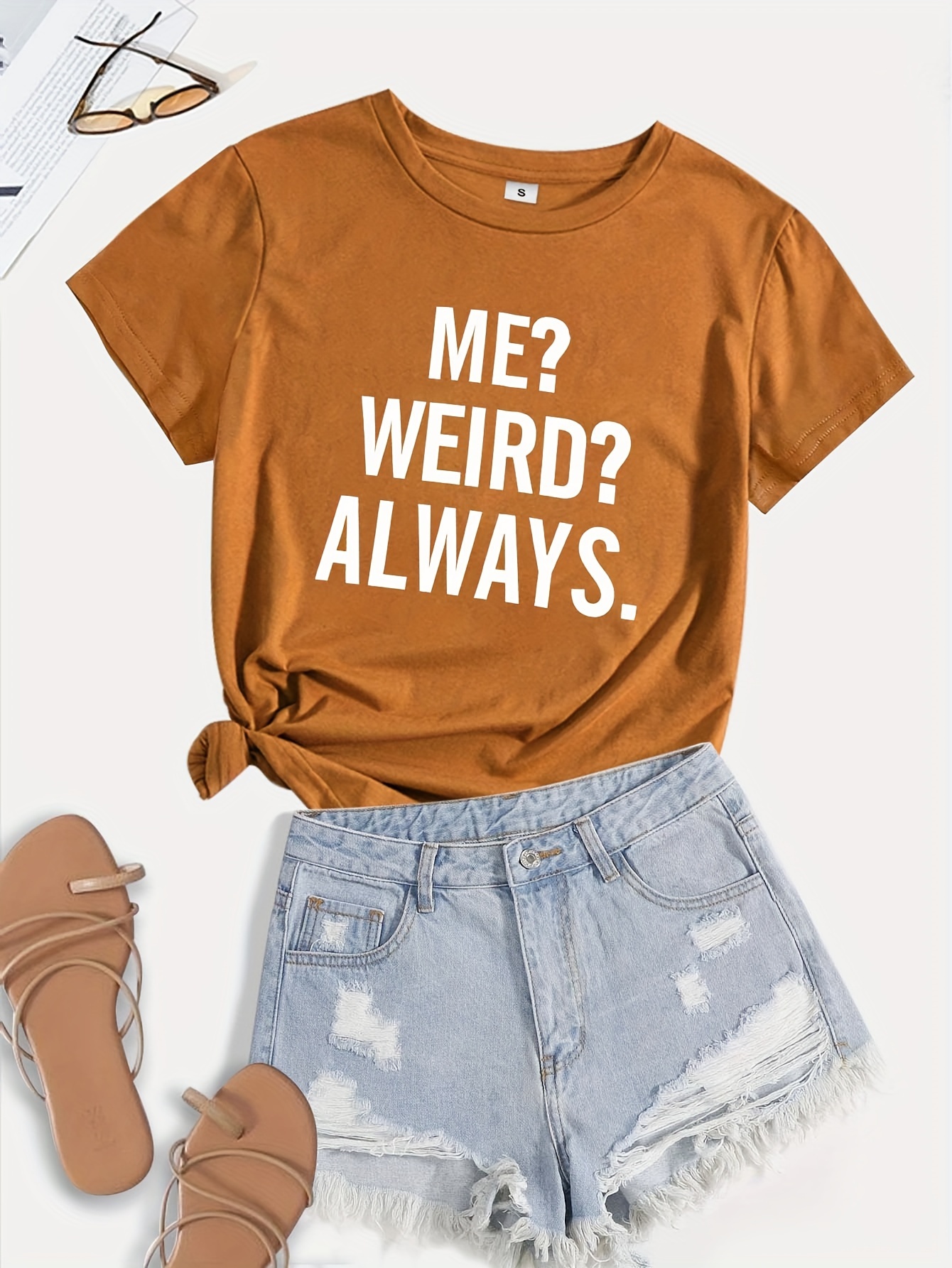 Always Weird Print T-Shirt, Short Sleeve Crew Neck Casual Top For Summer & Spring, Women's Clothing