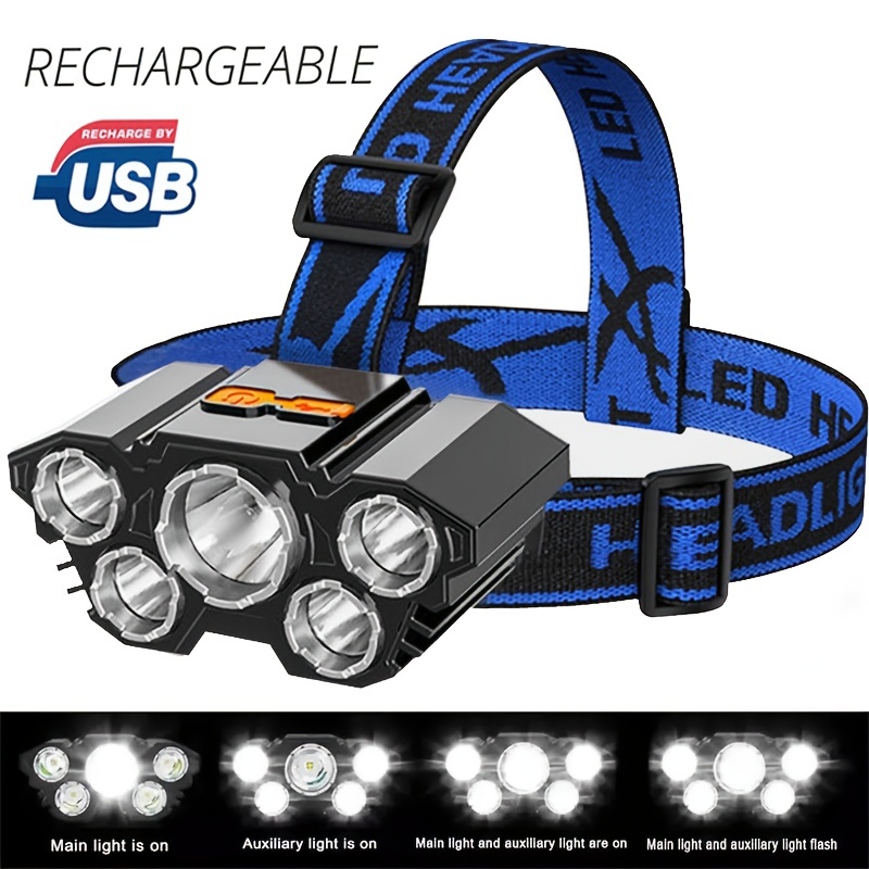 Stirnlampe LED Wiederaufladbar USB, 8 LED Kopflampe 4 Modi