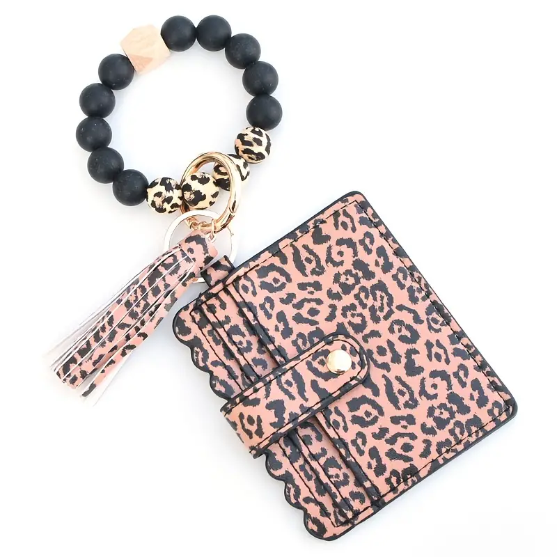 Key Ring Bangle Purse Designer Leopard Leather Card Holder Silicone Beaded Credit Cards Keychain
