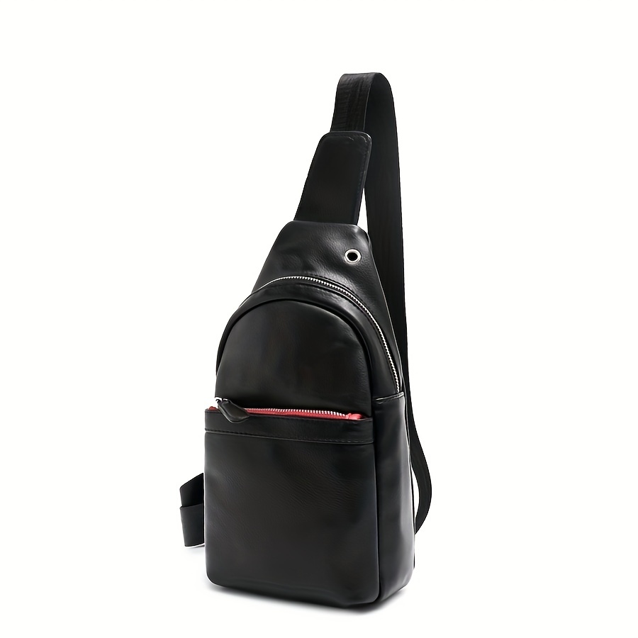 Men's Leather Crossbody Bag Chest Bag with Earphone Hole
