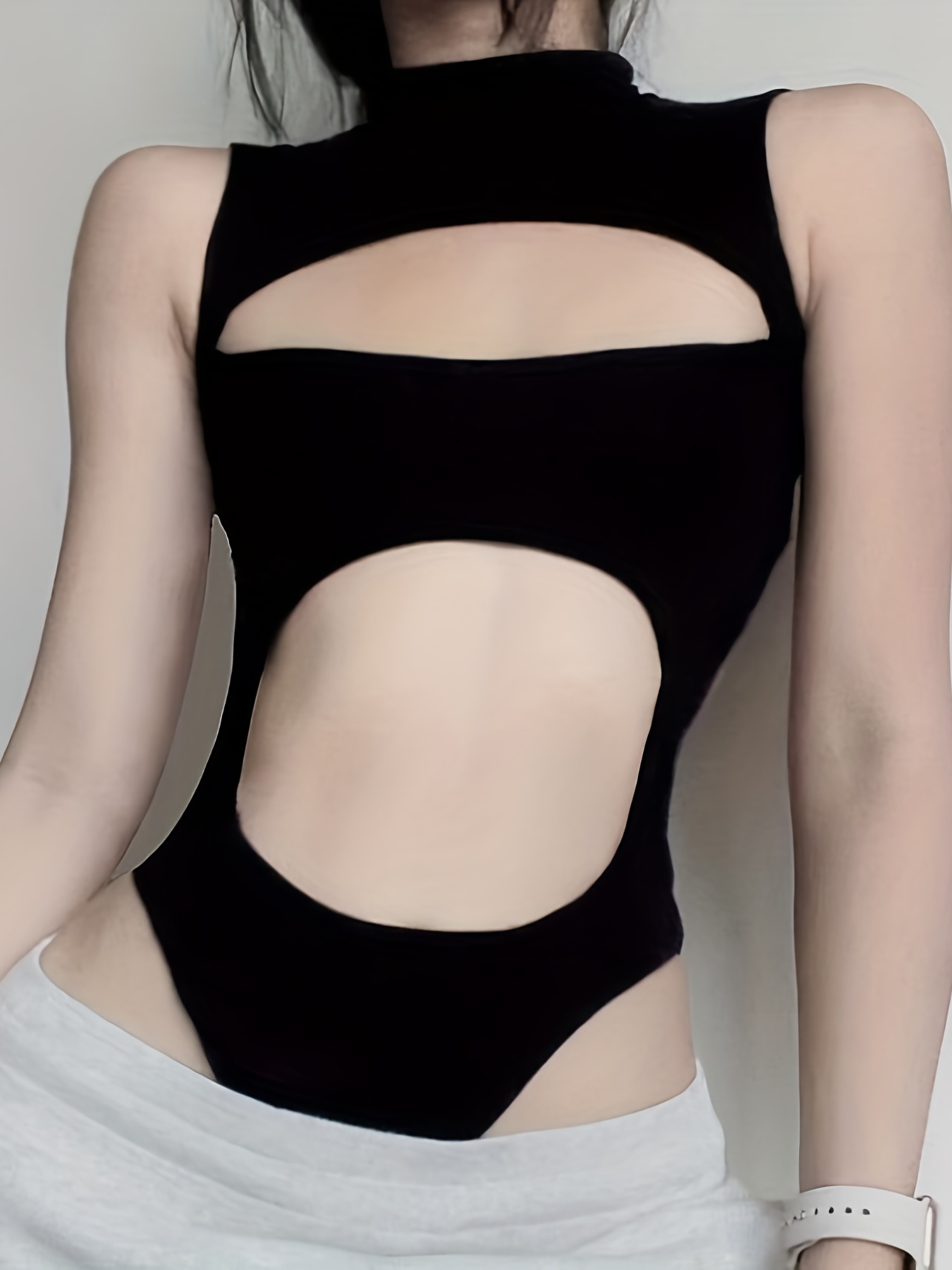 Cut Out Mock Neck Bodysuit, Y2K Sleeveless * Bodysuit, Women's Clothing