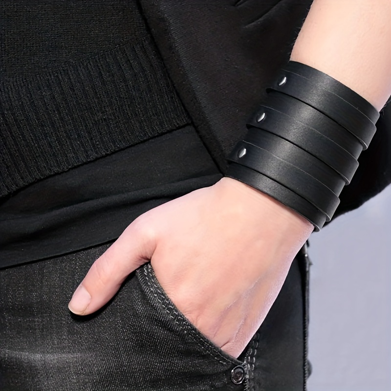 Punk Wide Leather Bracelet Men Guard Wristband - Temu Canada