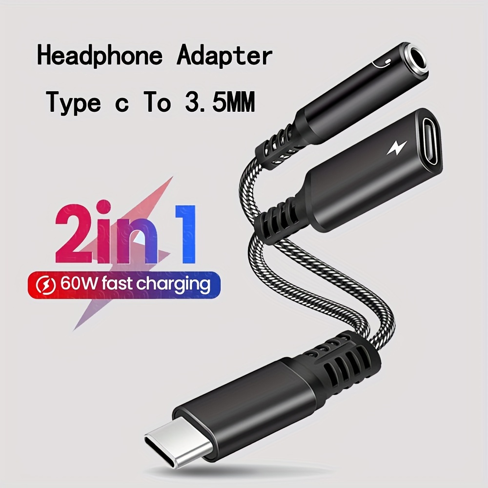 USB Type C To 3.5mm Headphone And Charger Adapter,2-in-1 USB C To AUX Audio  Jack Dongle Cable With PD 60W Fast Charging Compatible For , Google, OPPO,  Xiaomi And Other Type-c Smart Devices