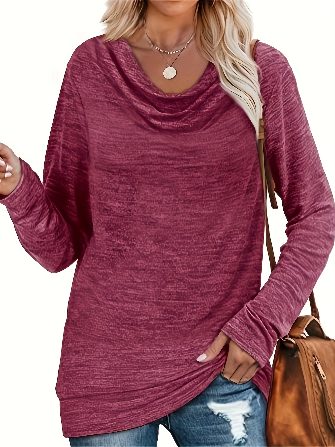 Solid Cowl Neck * Button T-shirt, Elegant Long Sleeve T-shirt For Spring &  Fall, Women's Clothing