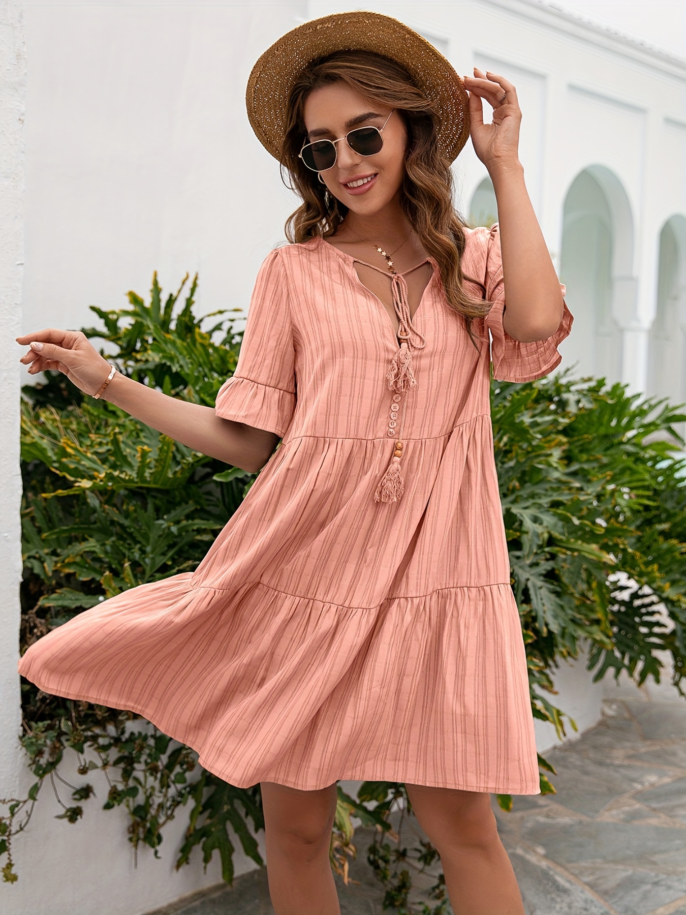 Striped Print Tiered Dress Casual Tie Front Short Sleeve - Temu