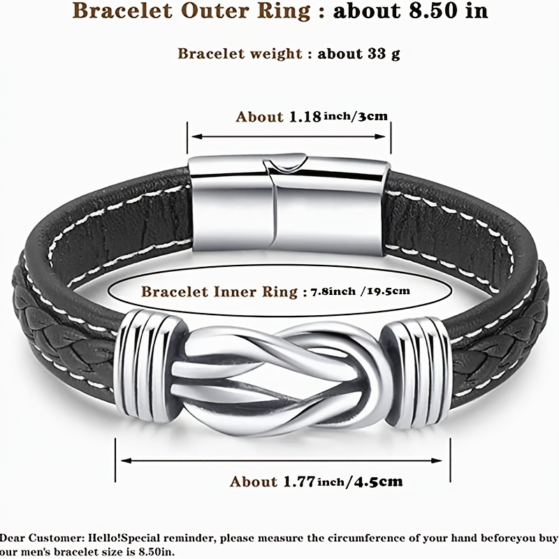 Black Bracelet Men's Braided Leather Bangle Stainless Steel Cuff