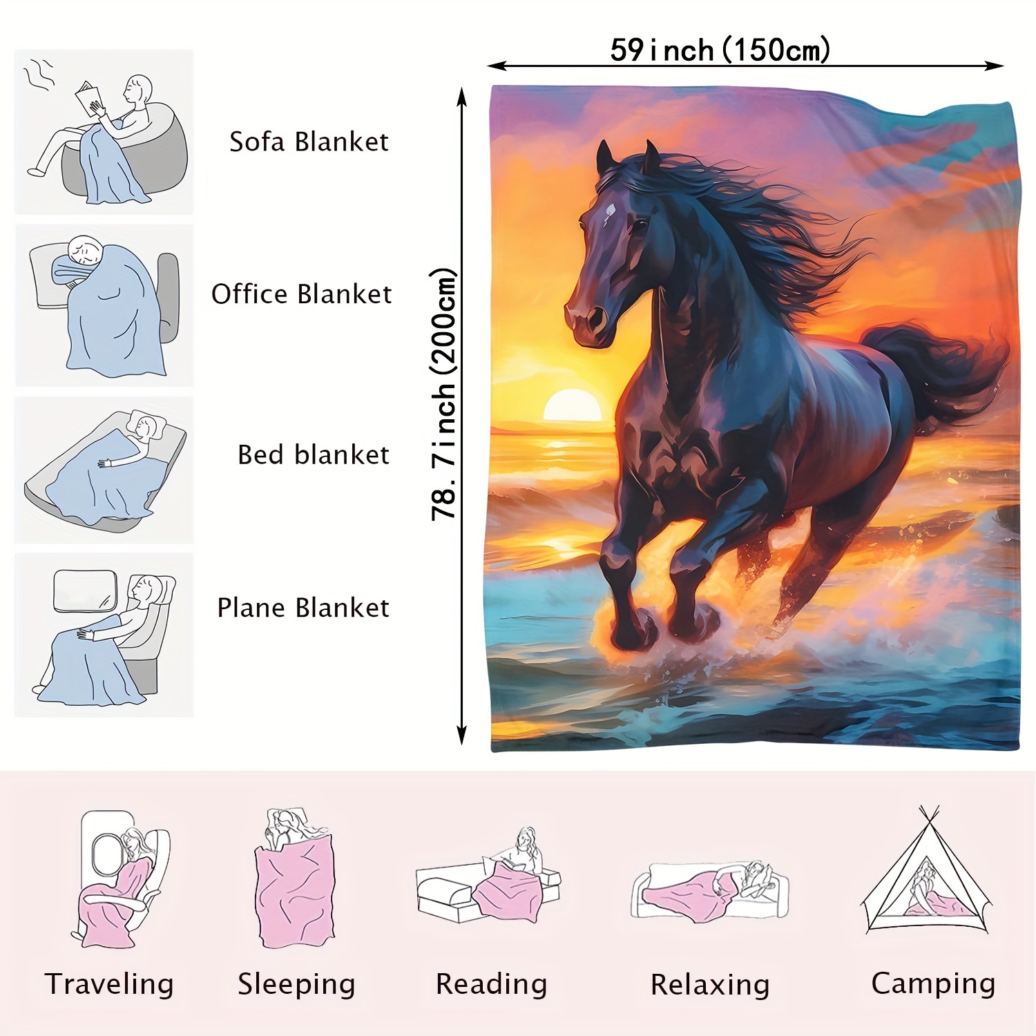 TEMU 1pc Flannel Horse Printed Blanket Shawl Blanket Nap Blanket -friendly Casual Sofa Blanket, Throw Blanket, Nap Blanket, Blanket