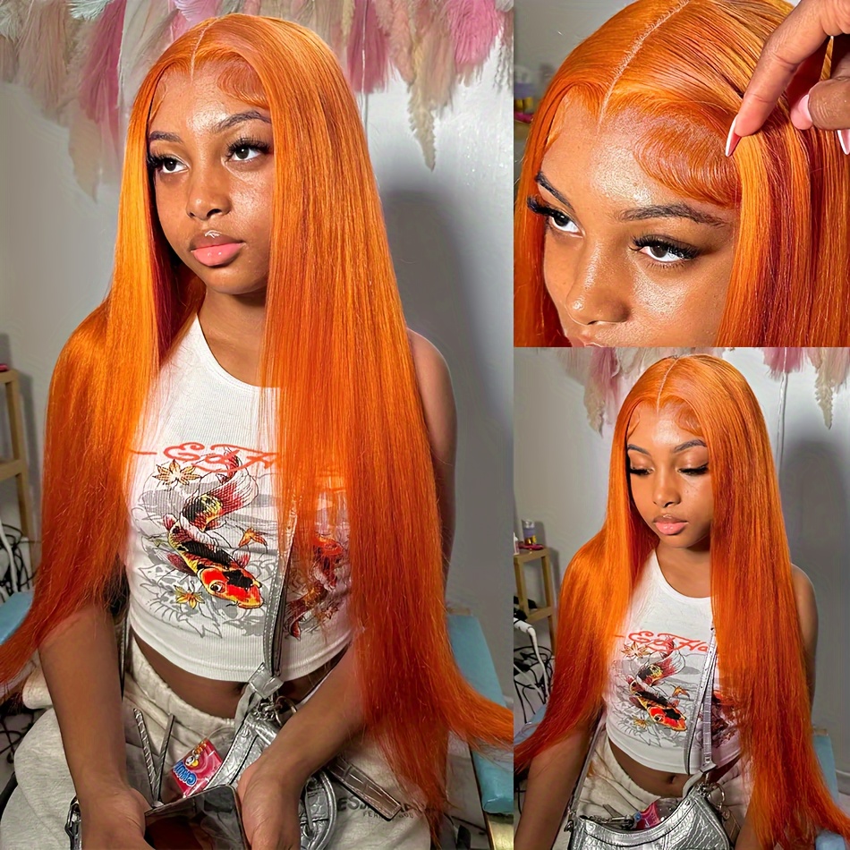 180% Density 13x4 Lace Front Human Hair Wig Ginger Orange - Temu