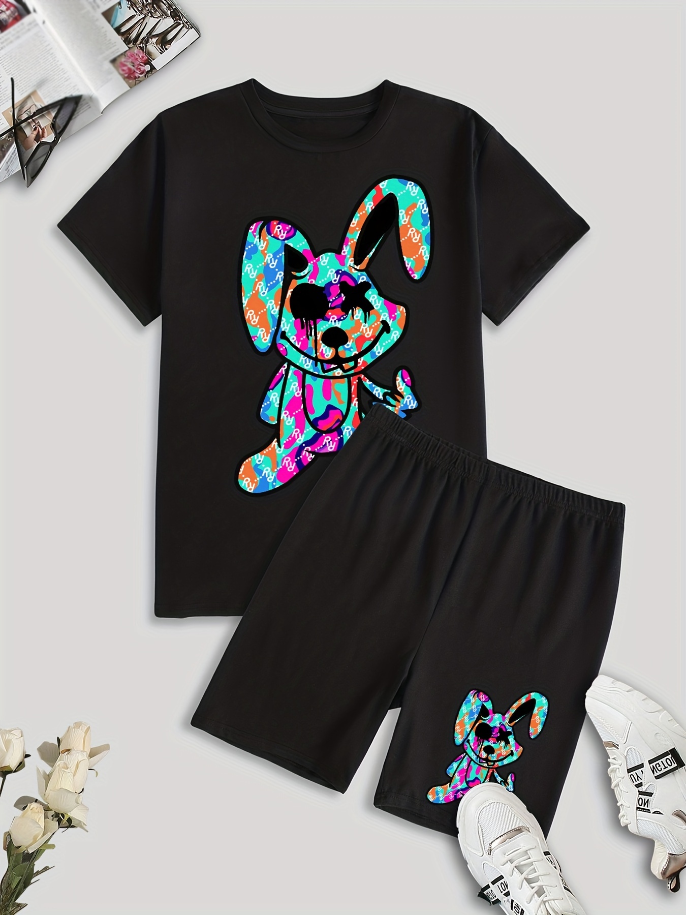 Teddy Bear Print Short Sleeve T shirt Biker Shorts Summer - Temu