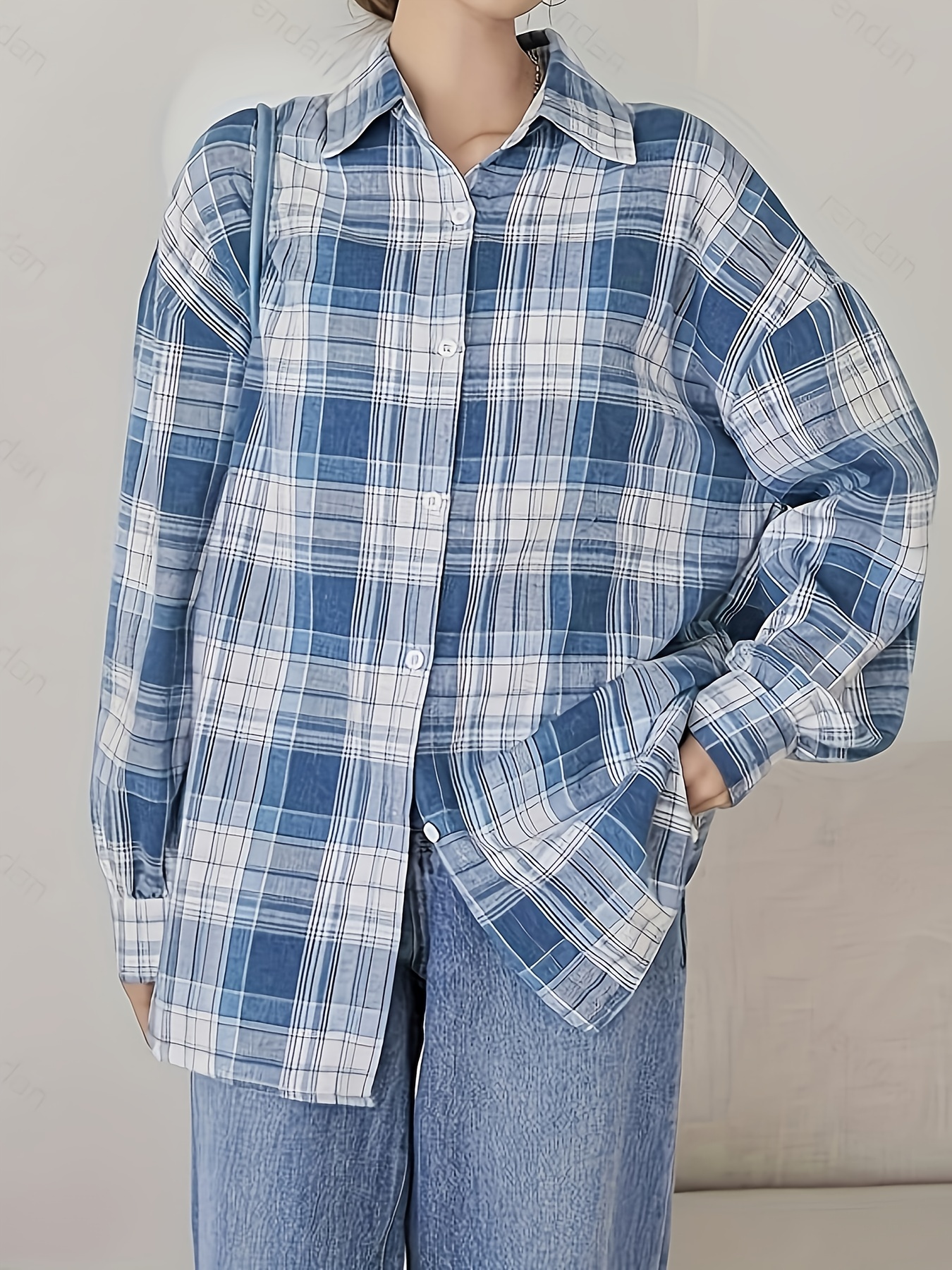 Plaid Print Drop Shoulder Shirt, Versatile Long Sleeve Shirt For