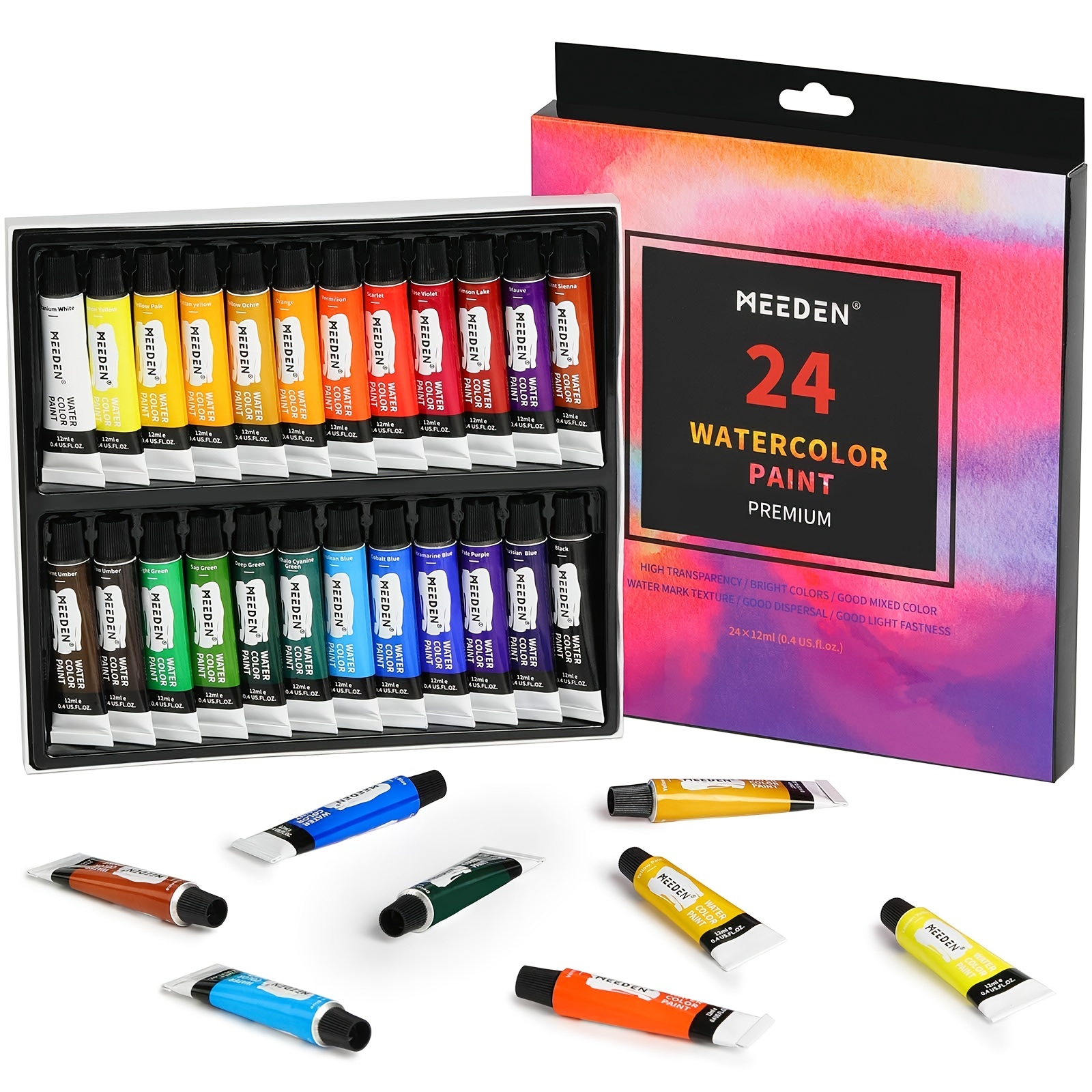 

Watercolor Paint, Set Of 24 Vibrant Colors In 12ml Tubes, Rich Pigments, Vibrant, Non-toxic For Adults, Beginners, Hobby Painters, And More