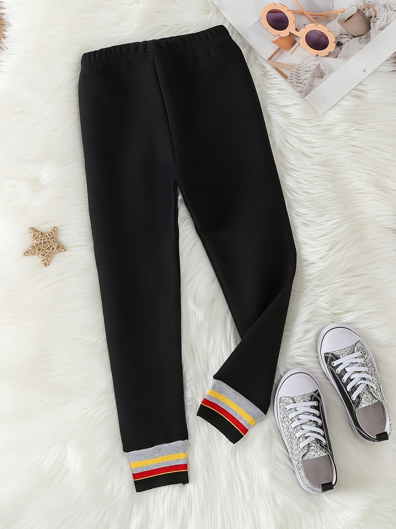 Girls Casual Striped Fleece Thermal Thickened Leggings For Winter