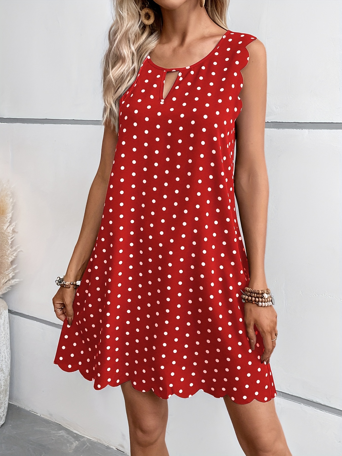 polka dot print scallop trim dress elegant sleeveless crew neck keyhole dress for spring summer womens clothing