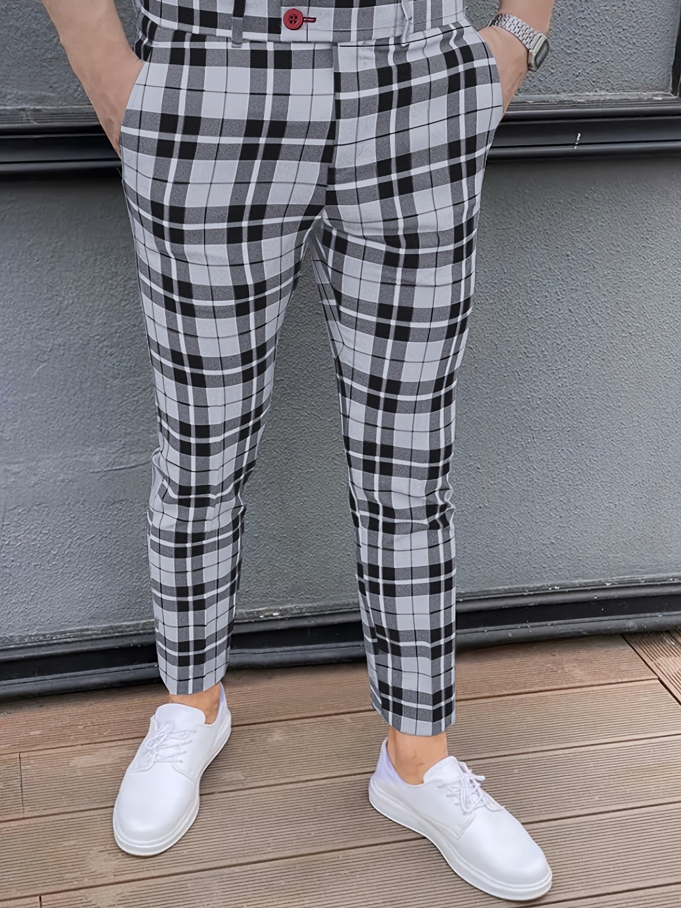 Mens Fashion Plaid Pencil Long Pants Business Casual Slim Fit Trousers  Workwear  eBay