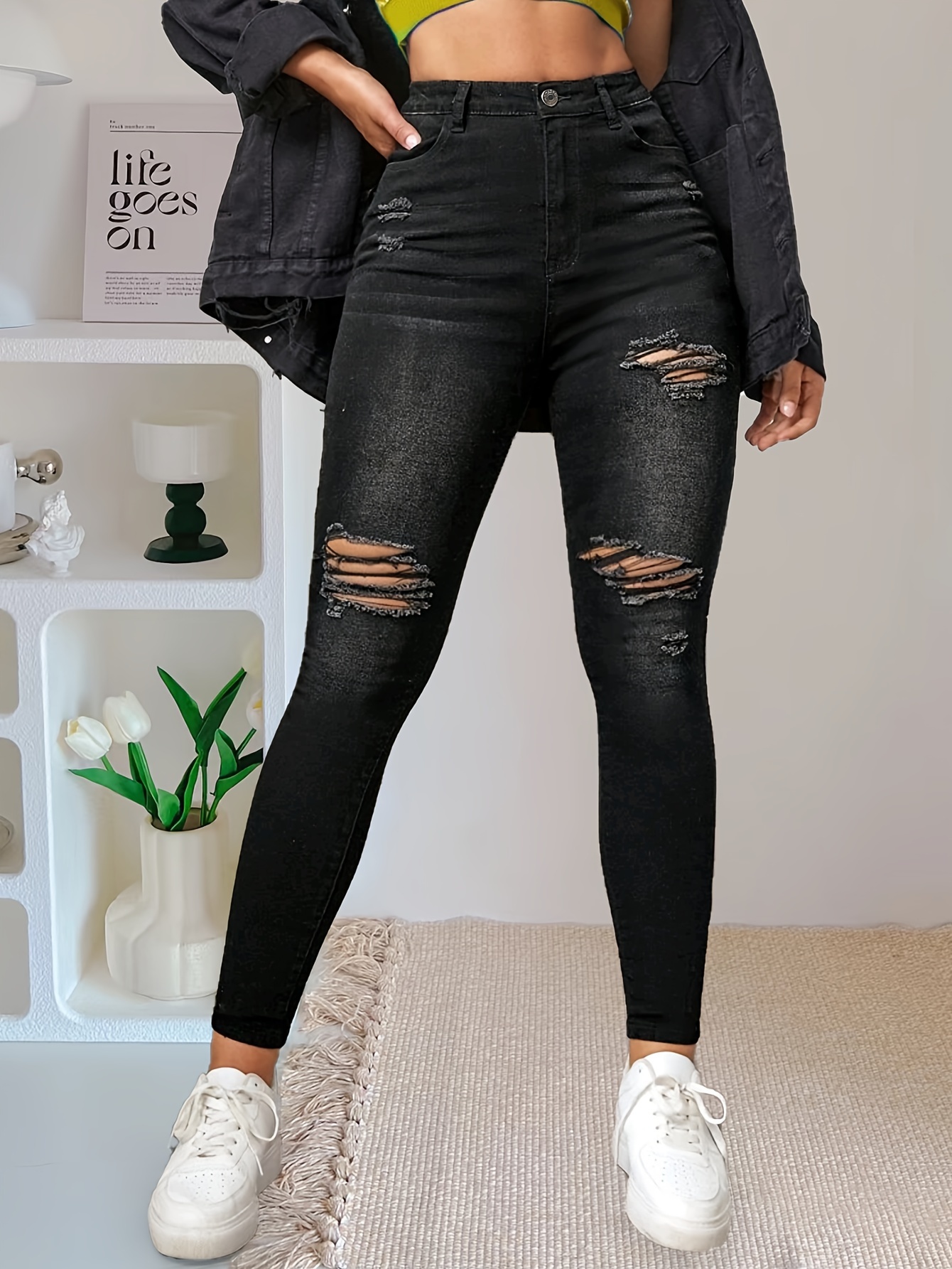 Ripped Holes Casual Skinny Jeans High Stretch Slim Fit Tight - Temu