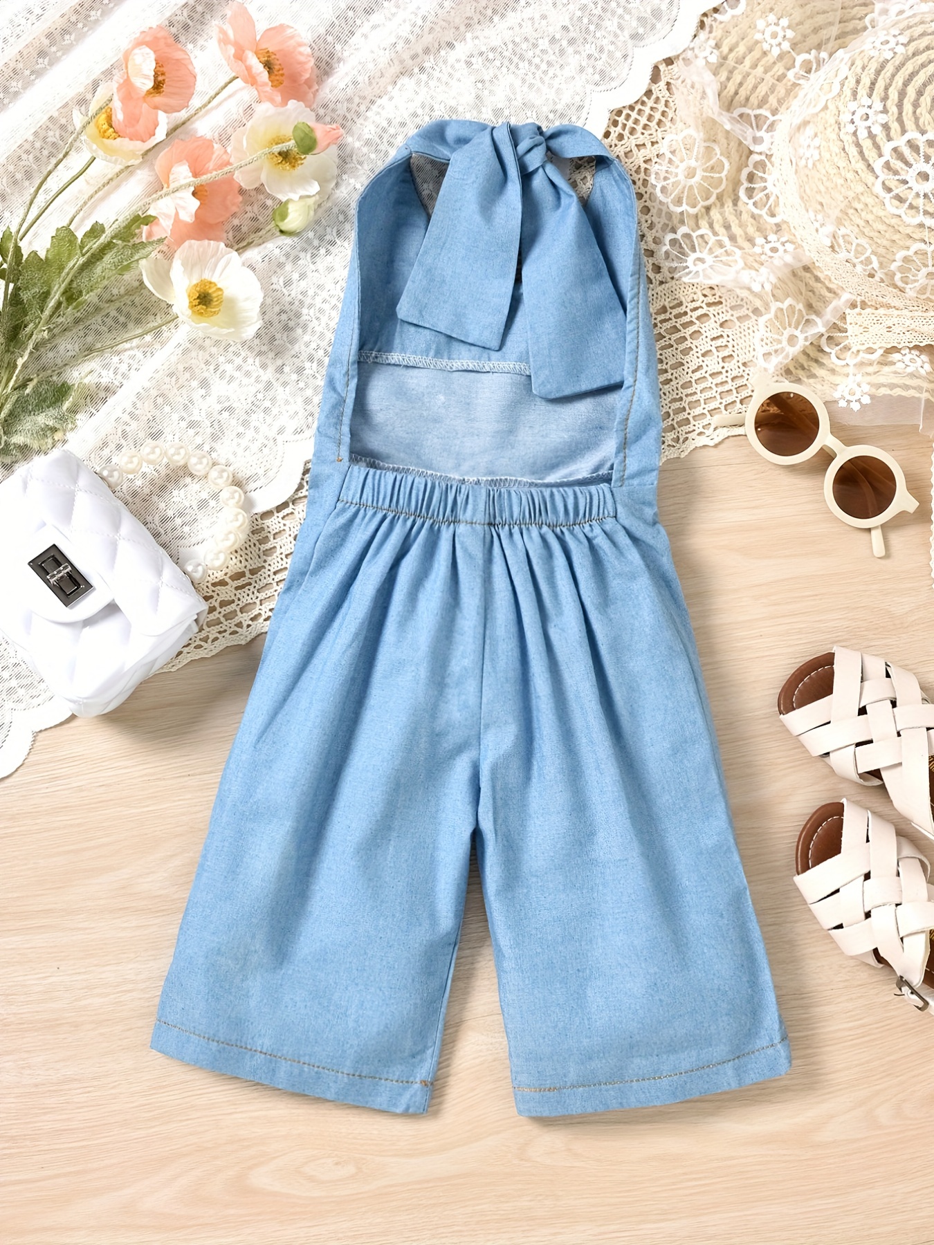 Girls Denim Overalls Halterneck Backless Denim Long Jumpsuit