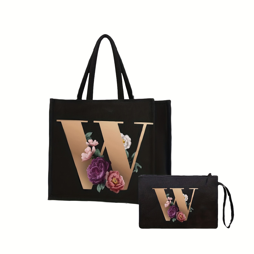 Letter & Flower Pattern Bag Set : Large Capacity Tote Bag & Clutch