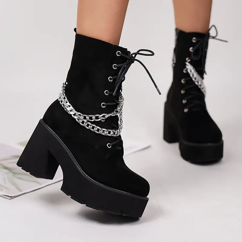 womens chain decor chunky heel boots fashion lace up dress boots stylish side zipper boots details 4