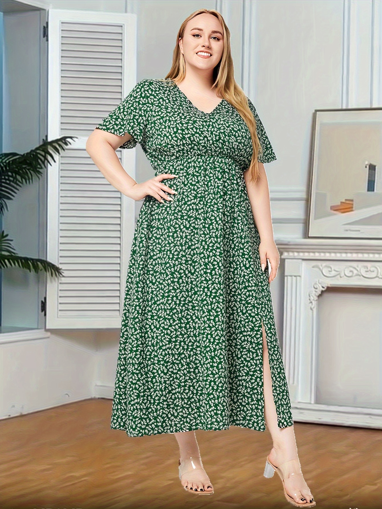 plus size all over print slit dress casual v neck short sleeve dress womens plus size clothing