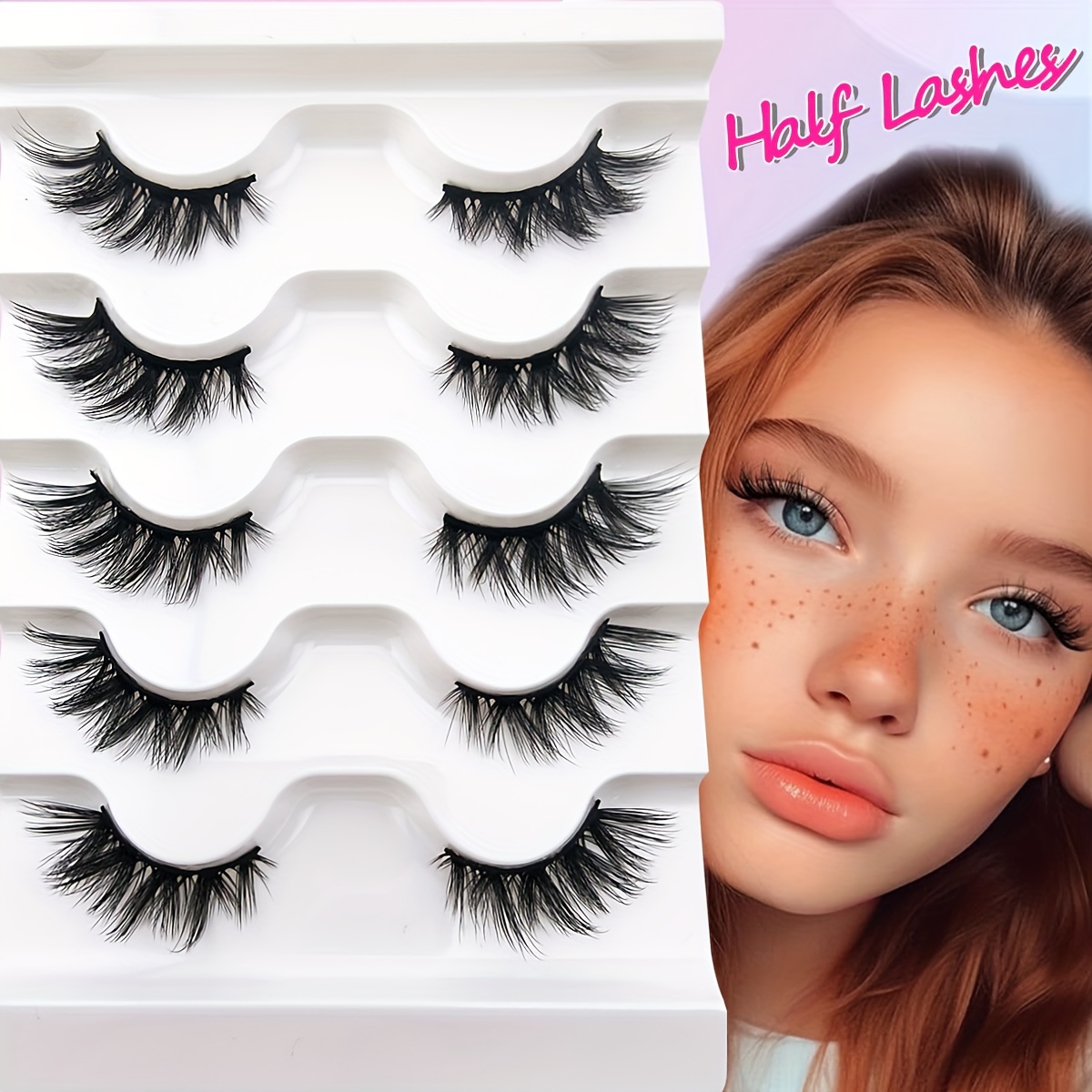 Image of 5 Pairs Of Half-eyelash False Eyelashes 16mm Natural Look Fluffy And Dense Style And Soft Mink False Eyelashes Cat Eye False Eyelashes With Tail 3/4 Corner Eyelashes