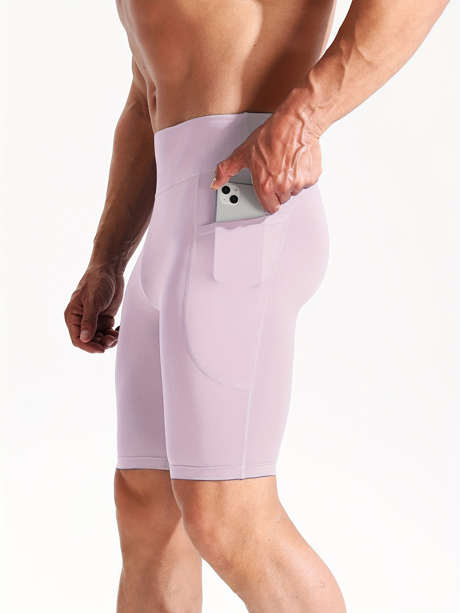 Men's Solid Compression Shorts With Pocket, Athletic High Stretch