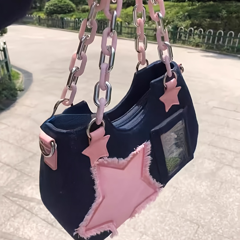 Y2K Vintage Korean Small Chain Shoulder Bag Heart Shaped Purse Handbags  Pink PU Leather Gothic Tote Bags Ladies Crossbody Bags