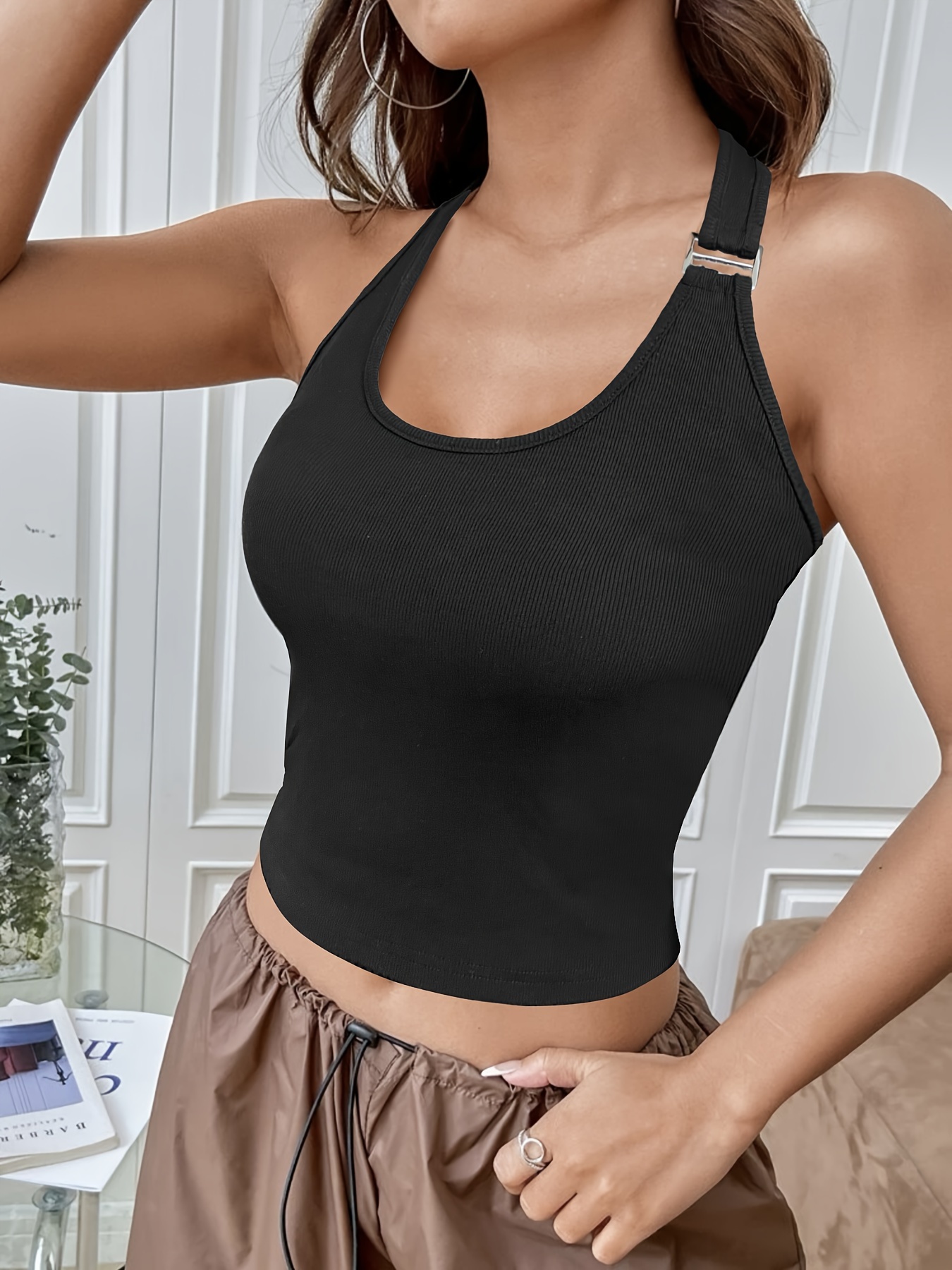 Cowl Neck Crop Halter Neck Top, Y2K Sexy Backless Halter Top For Summer,  Women's Clothing