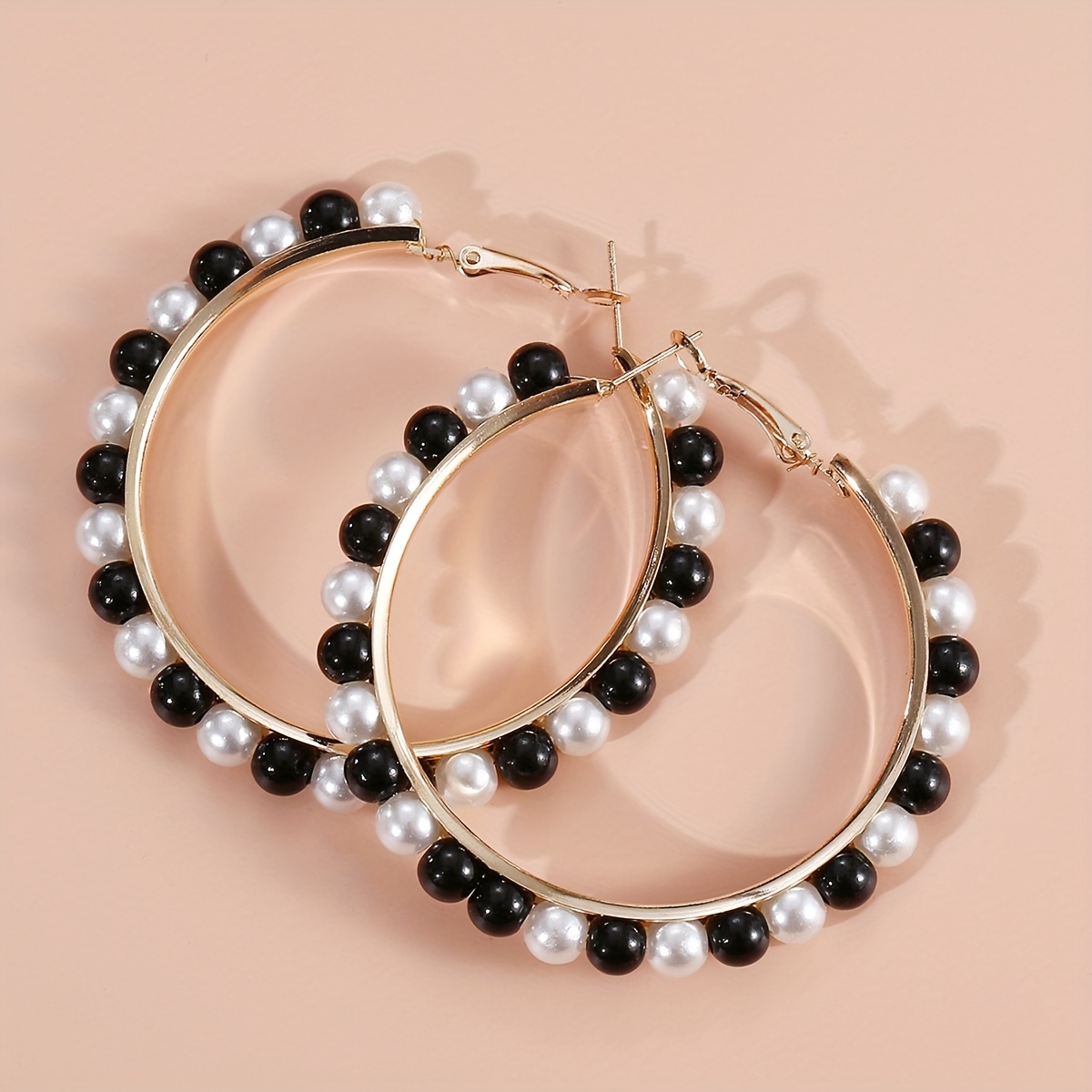 Black & Gold Faux Pearl Round Earrings Large