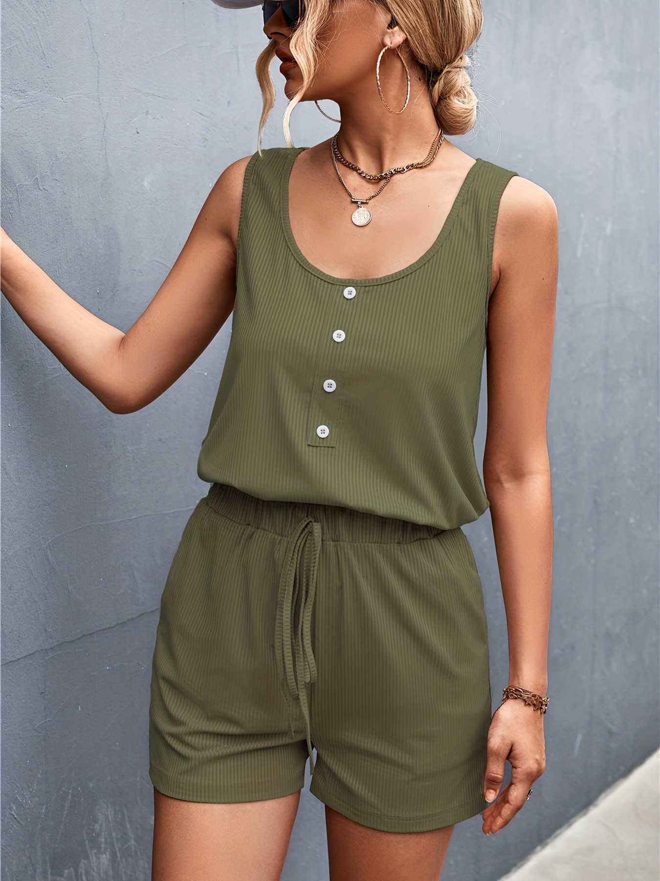 Solid Casual Two-piece Set, Button Sleeveless Tank Top & Drawstring Shorts  Outfits, Women's Clothing - Temu