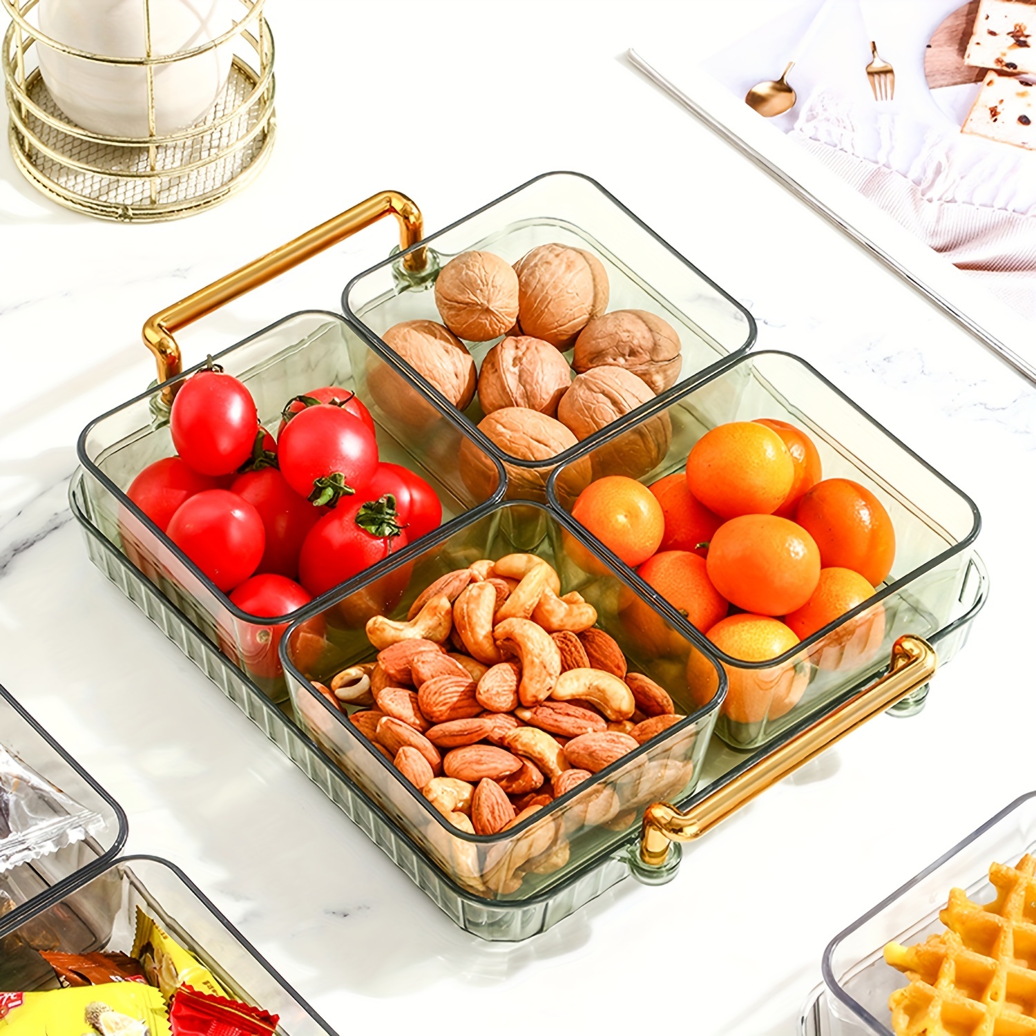 Clear Divided Serving Tray with Lid & Handle, Portable Round Plastic Veggie  Tray, Platter Food Storage Container Box for Candy, Appetizer, Snack