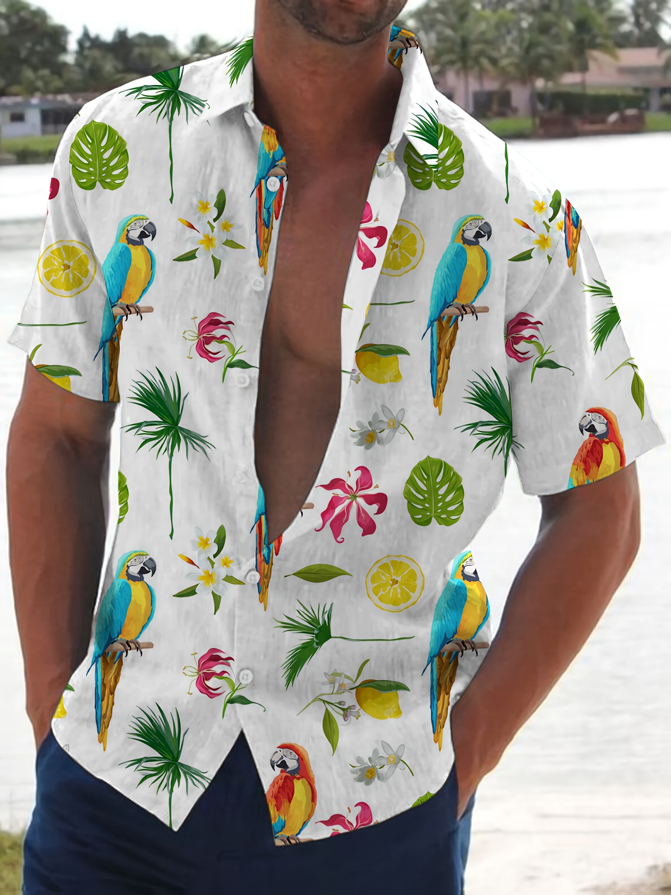 Men's Flower Tree Pattern Short Sleeve Lapel Hawaiian Shirt - Temu