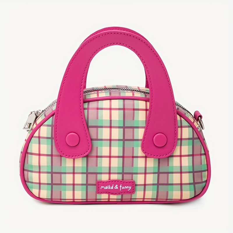 Plaid Pattern Letter Patch Decor Tweed Hobo Bag