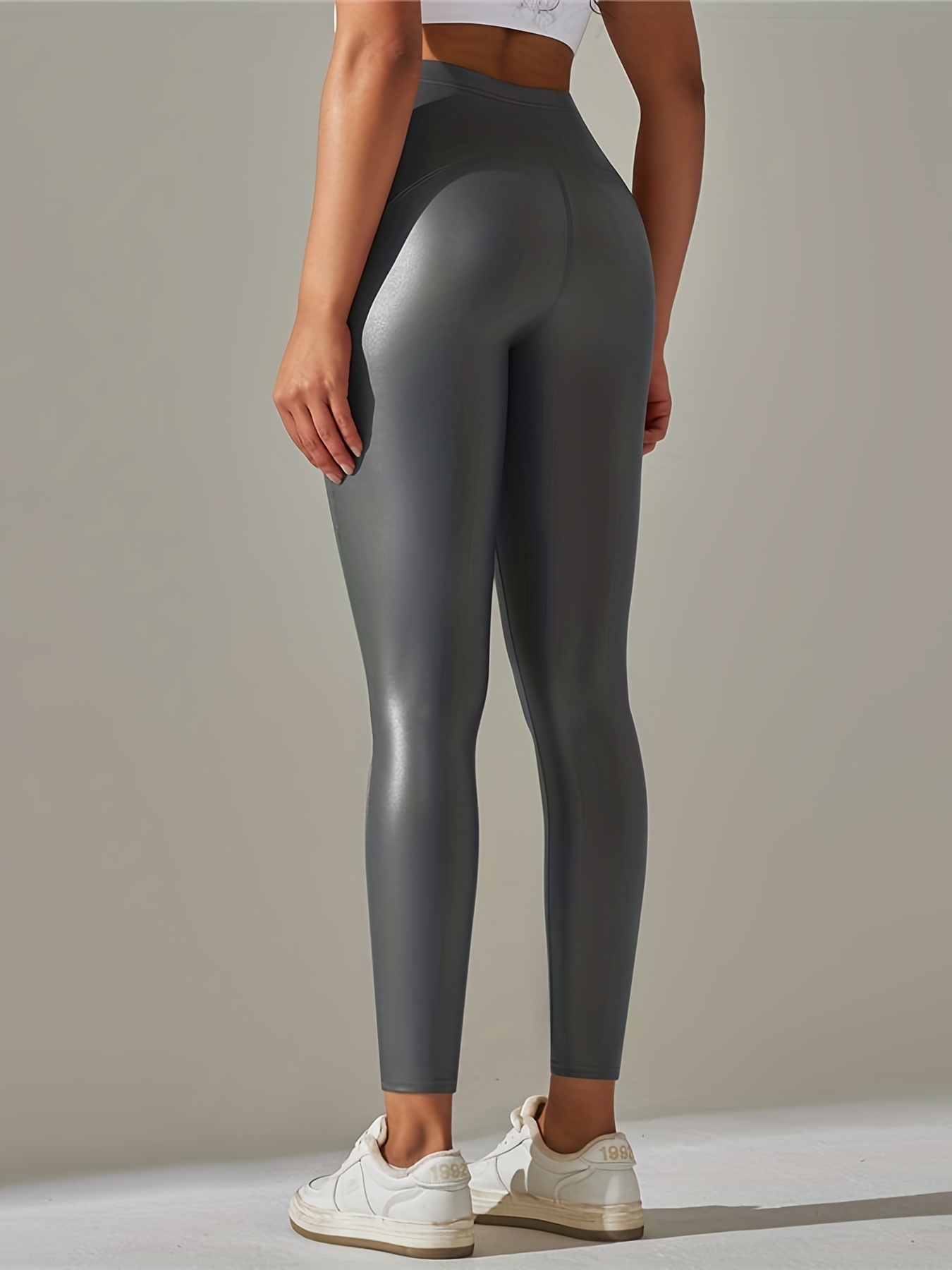 Plain Faux Leather Slimming Leggings, Mid-stretch Slim Fit High