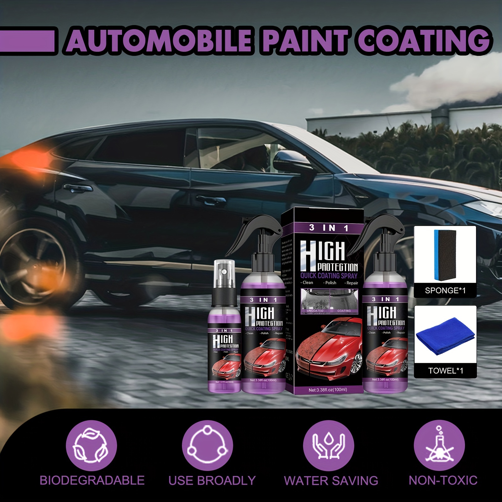 3 in 1 High Protection Fast Car Ceramic Coating Spray, Car Scratch Nano  Repair Spray, Car Coating Fast Wax Polishing Spray, Fast car Coating, Fast  fine Scratch Repai-(100ml*2pcs) + Brush Cloth 