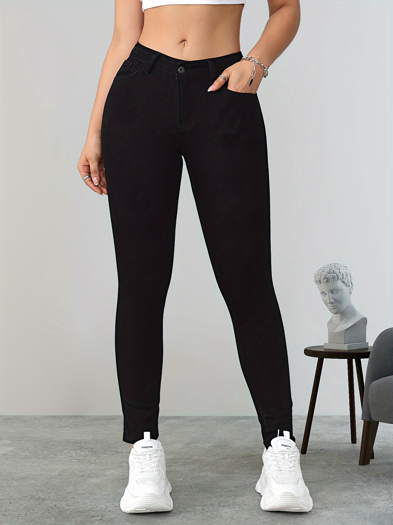 Black High Stretch Skinny Jeans Slim Fit Slant Pockets - Temu