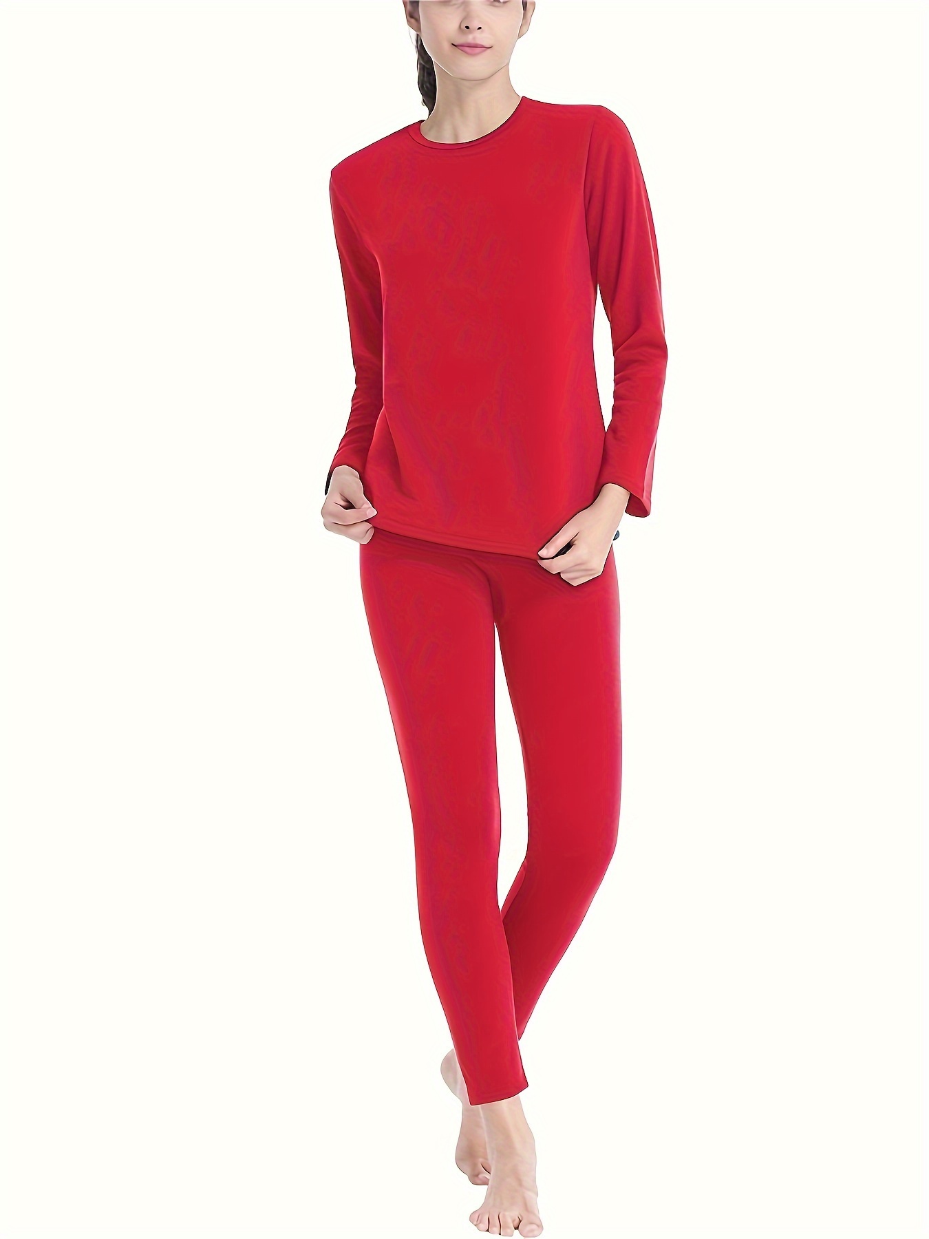 Seamless Thermal Underwear Set, Long Sleeve Crew Neck Tops & Pants, Women's  Loungewear & Underwear