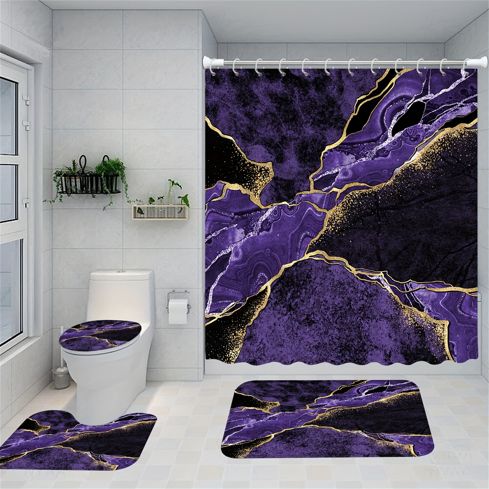 Marble Shower Curtain Set Modern Luxury Purple Gold Cracked - Temu Canada