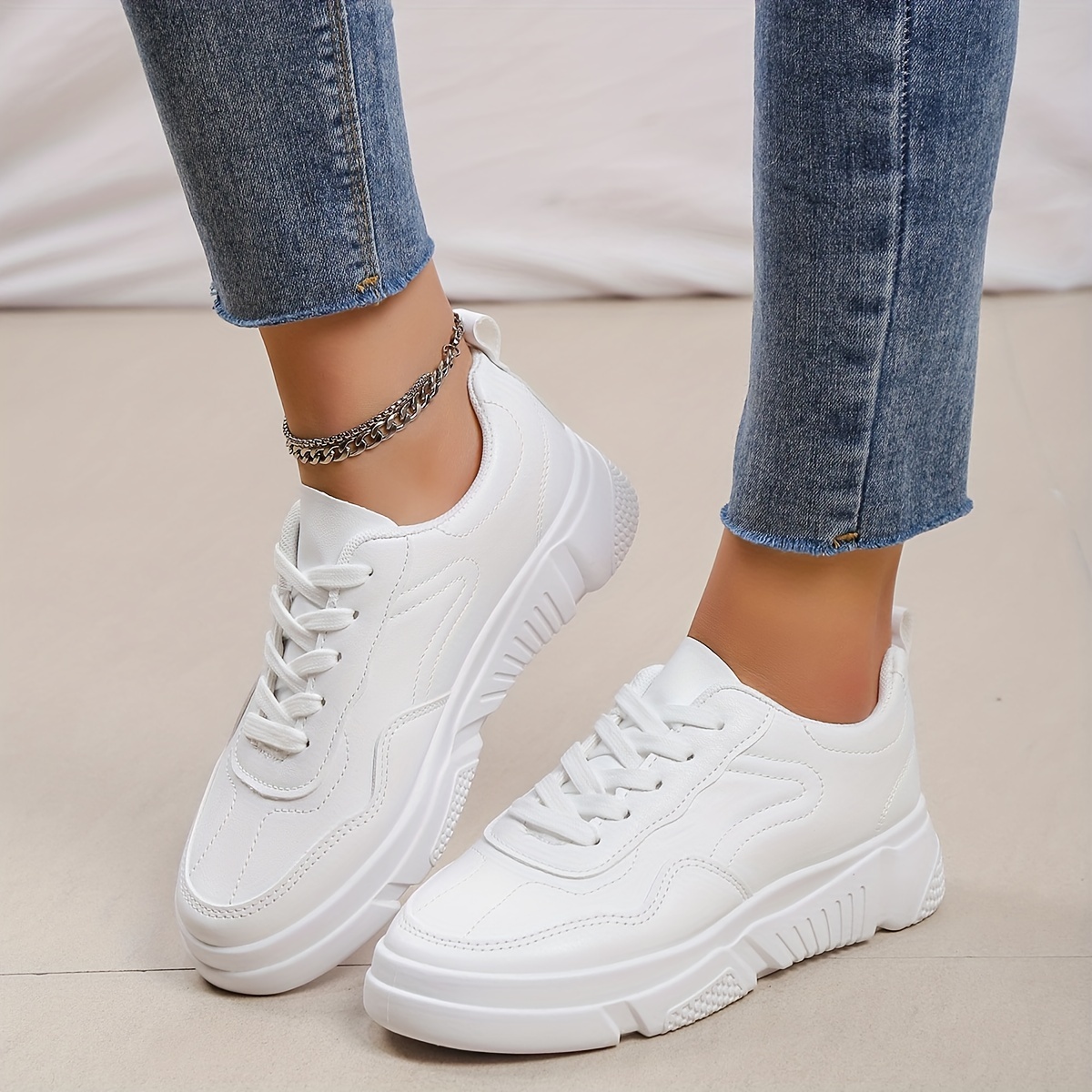 Women's Solid Color Casual Sneakers, Lace Up Low-top Round Toe Non-slip  Lightweight White Shoes, Versatile Comfy Trainers