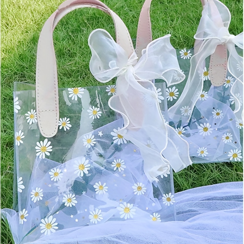 Clear Daisy Print Pvc Gift Bag With Ribbon - Perfect For Weddings, Parties,  And Holidays - Portable And Stylish Gift Packaging - Temu