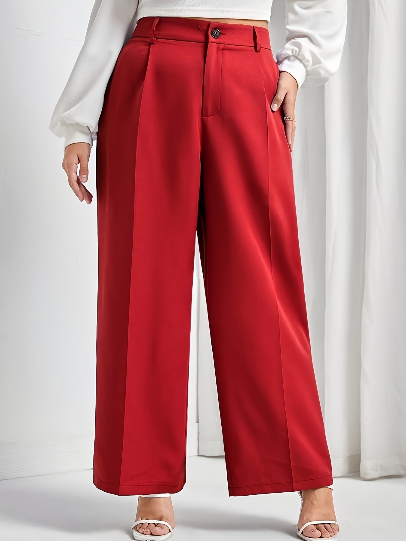 Plus Size Business Casual Pants, Women's Plus Solid Plicated
