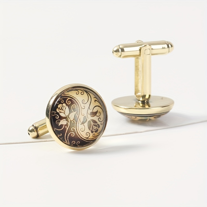 Round Engraved Rose Pattern Cufflinks for Women and Men