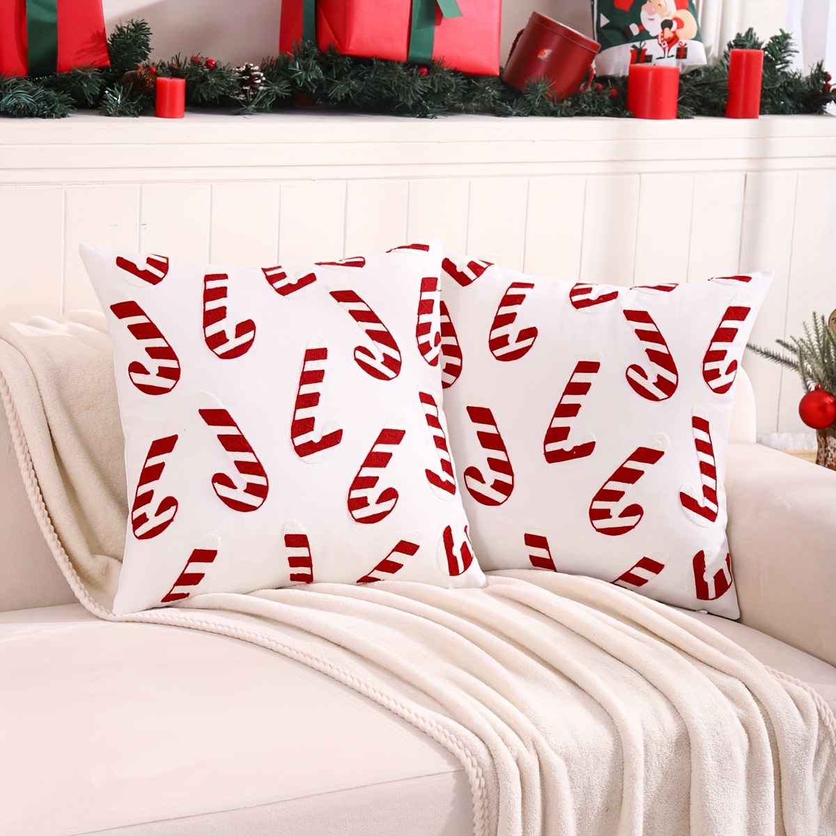 2pcs Cotton Canvas Embroidered Christmas Tree Candy Throw Pillow ...