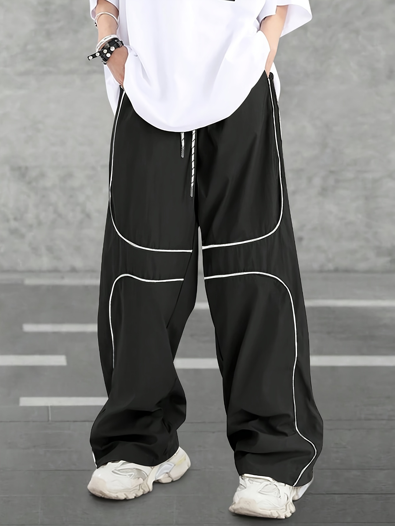 Men's Drawstring Wide Leg Pants Beach Pant Trendy Wolf Pattern Casual Baggy  Pants Yoga Trousers Streetwear Hiphop Rapper Style